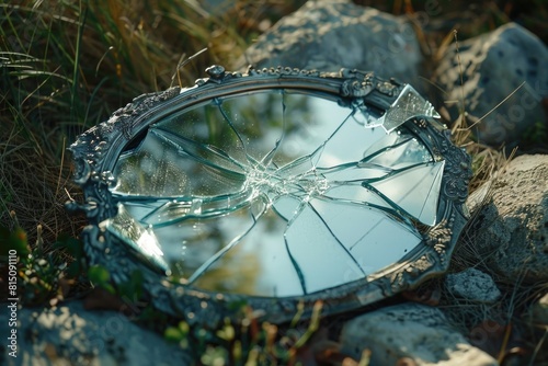 A broken mirror sitting on top of a pile of rocks. Suitable for concepts of reflection and fragility
