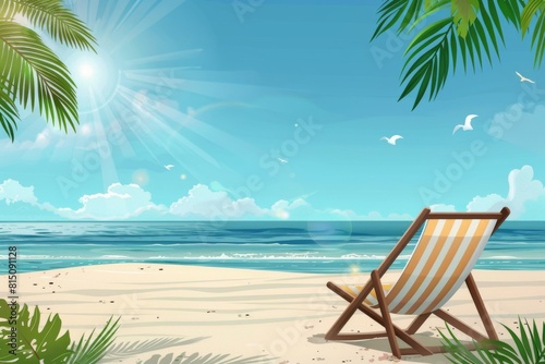 A serene beach scene with a vibrant beach chair against a backdrop of white sand and a clear, sunny sky, representing the ideal summer vacation.