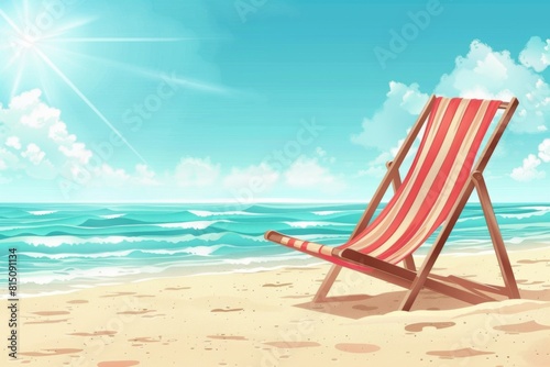 A tranquil scene of a beach chair resting on white sand under a sunny sky  evoking the essence of a summer vacation.