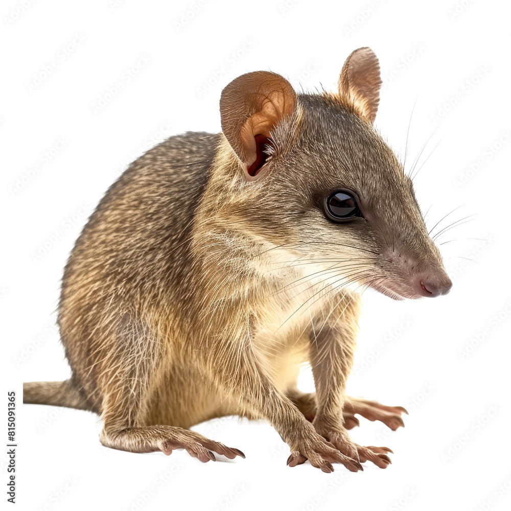 A brown possum is seated on a plain white surface in this image, a bandicoot isolated on transparent background A brown possum is seated on a plain white surface in this image, a bandicoot isolated on transparent background