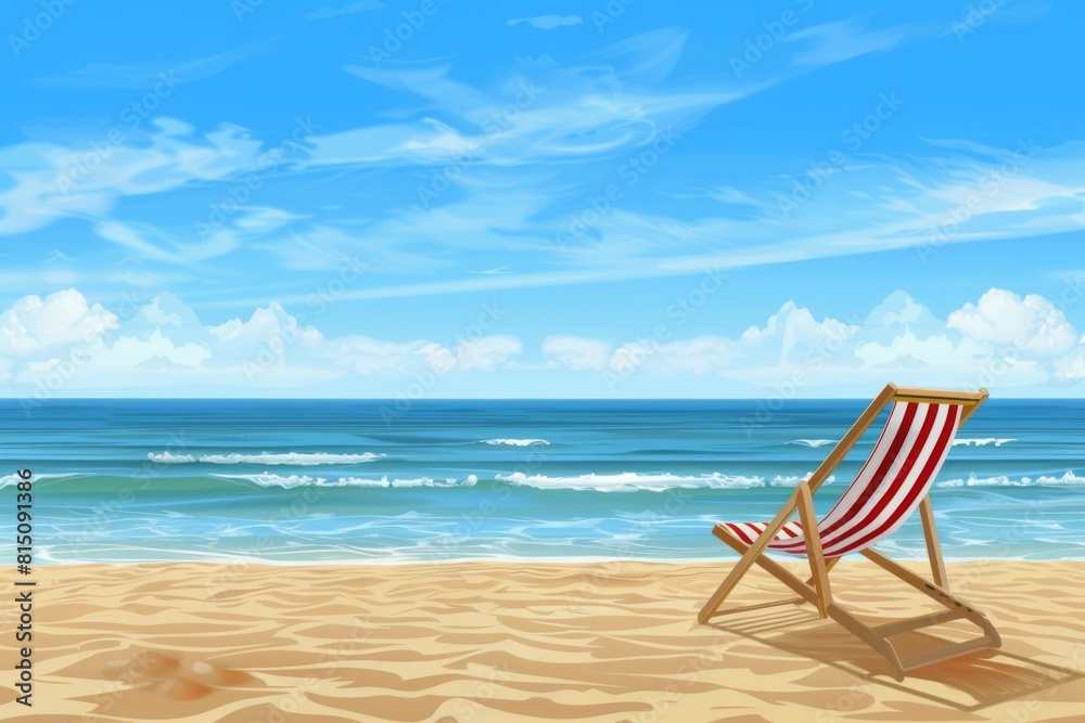 A tranquil beach scene with a solitary beach chair, inviting viewers to imagine their perfect summer escape. A tranquil beach scene with a solitary beach chair, inviting viewers to imagine their perfect summer escape.