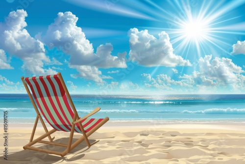A tranquil beach chair sits on the powdery sand  basking in the warm glow of the summer sun against the vivid blue sky.