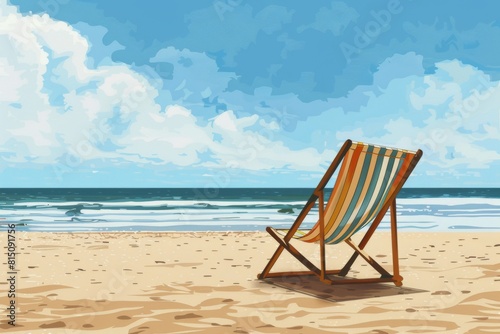 A beach chair nestled on a pristine sandy beach  with the radiant sunlit sky as the backdrop  evoking the essence of a blissful summer vacation.