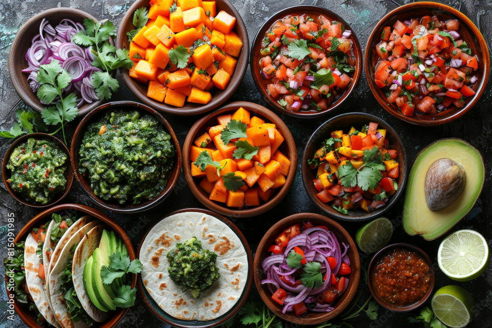Exquisite display of various Mexican dishes, featuring colorful mango salsa tacos, perfect for culinary blogs or festive dining concepts. Exquisite display of various Mexican dishes, featuring colorful mango salsa tacos, perfect for culinary blogs or festive dining concepts.