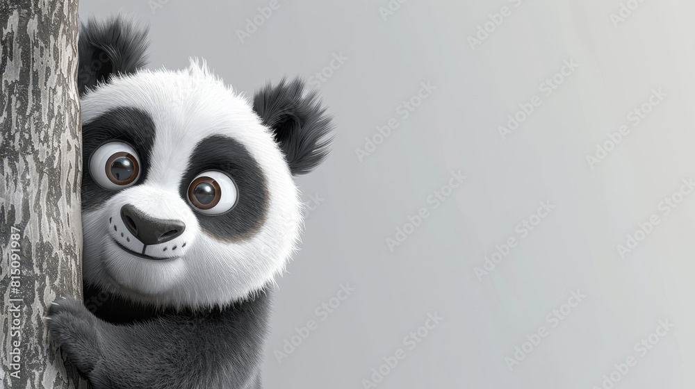 A cartoon panda bear is peeking out from behind a tree trunk A cartoon panda bear is peeking out from behind a tree trunk
