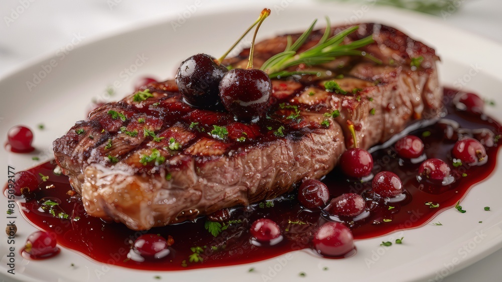 Beef steak seasoned with cherry sauce and served with berries on a light background. Beef steak seasoned with cherry sauce and served with berries on a light background.