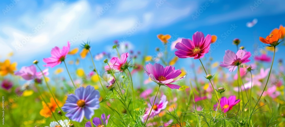 Colorful garden of wild flowers: Nature palette blurred background of sky and flowers Colorful garden of wild flowers: Nature palette blurred background of sky and flowers