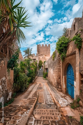 A scenic view of a cobblestone street with a blue door and a castle in the background. Ideal for travel brochures or historical publications