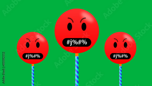 three angry emoji with obscene language and swearing word on green screen. concept for very angry feeling. photo