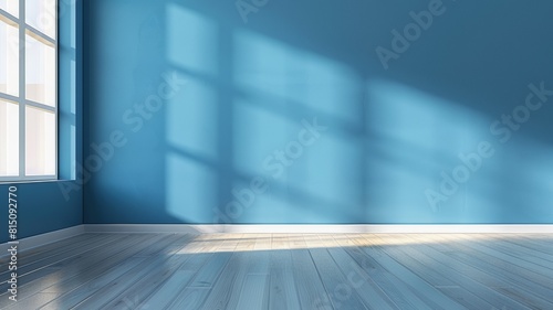 Minimalistic background of floor and blue wall of room. Minimalist design. © Igbal