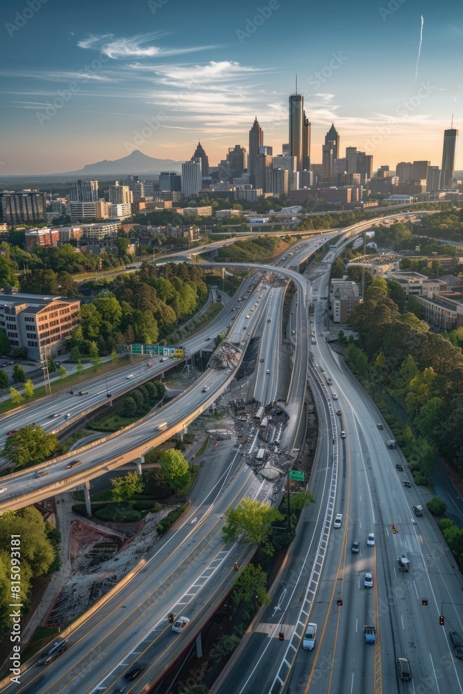 Aerial view of a highway with a city in the background. Suitable for urban development concepts