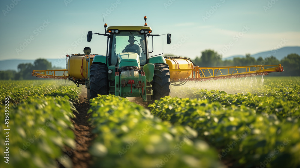 Tractor watering plants on the field, concept of treating crops with pesticides, agriculture Tractor watering plants on the field, concept of treating crops with pesticides, agriculture