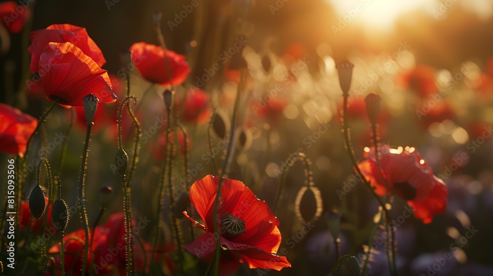 poppies in a field at sunset. shallow depth of field