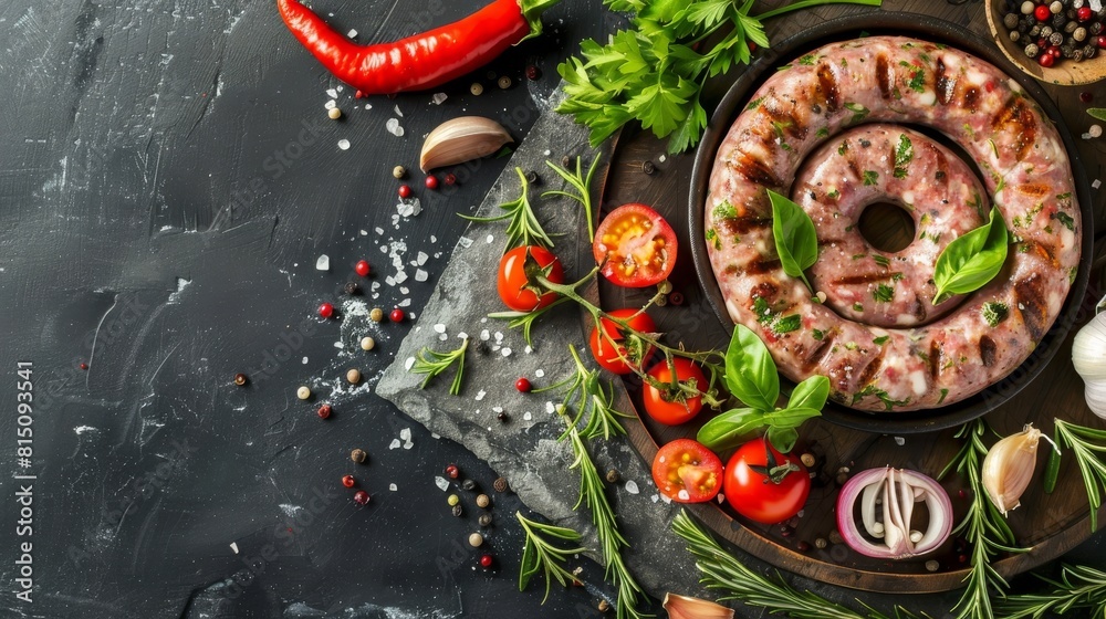 Raw pork sausage, fresh herbs and vegetables. Ingredient for cooking on the grill, picnic and
