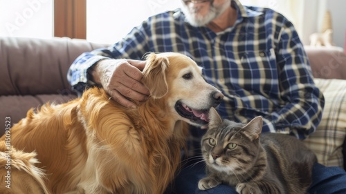 A man sits on the sofa, stroking his pets - an old cat and a dog.