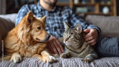A man sits on the sofa, stroking his pets - an old cat and a dog.