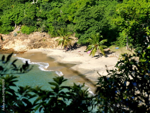 Tropical beach of anse Crawen in Terre de Haut seen from the forest above, les Saintes, French antilles. Guadeloupe island in West indies. 