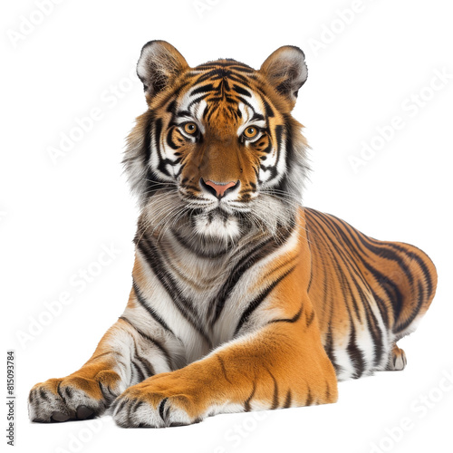 A Bengal tiger is seated in front of a plain white backdrop  a bengal tiger isolated on transparent background