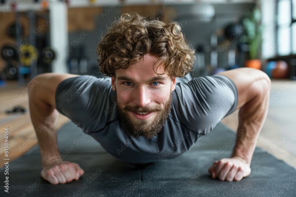 A man working out on a mat in a gym. Suitable for fitness and exercise concepts A man working out on a mat in a gym. Suitable for fitness and exercise concepts