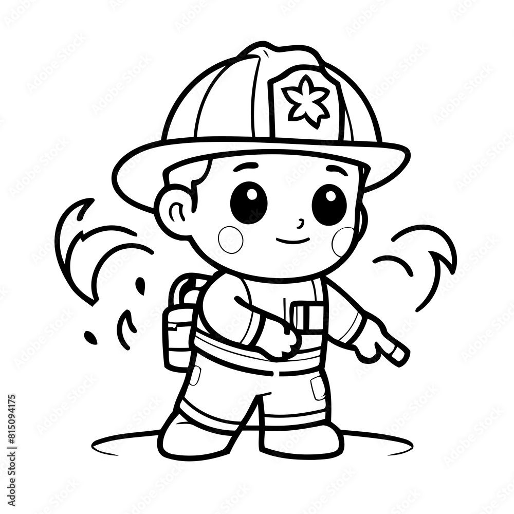 Obraz premium Cute vector illustration FireFighter colouring page for kids