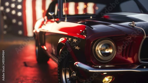Vintage car with american flag on the back, close up
