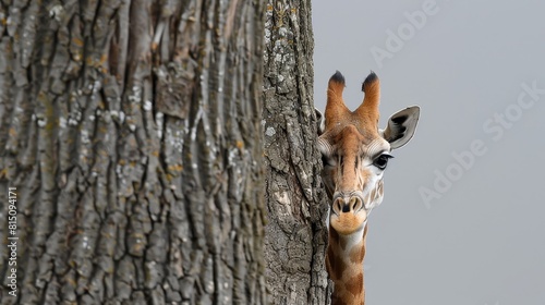 A giraffe is peeking out from behind a tree trunk