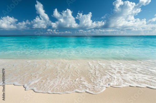 Panoramic view of a sandy beach with clear turquoise water and a blue sky with clouds. Summer vacation and travel concept. Design for poster, advertisement, banner with copy space.