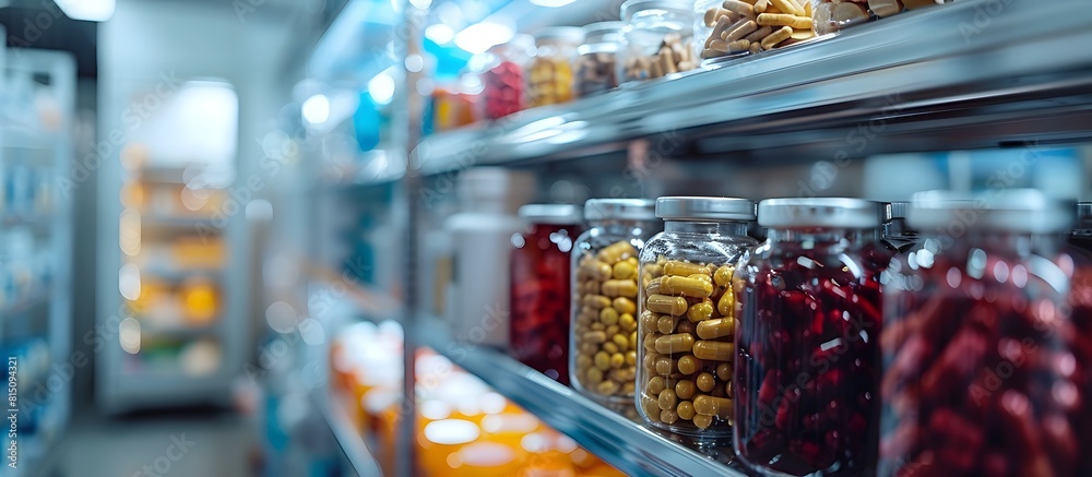 Cold Storage Shelving with Preserved Food and Ingredients in Glass Jars and Containers