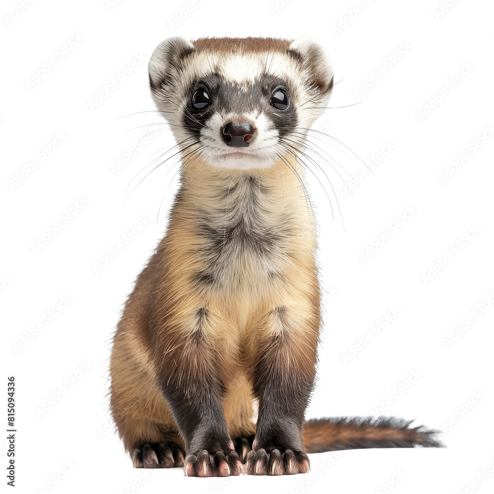 A small black-footed ferret is seated in front of a Png background, a black-footed ferret isolated on transparent background