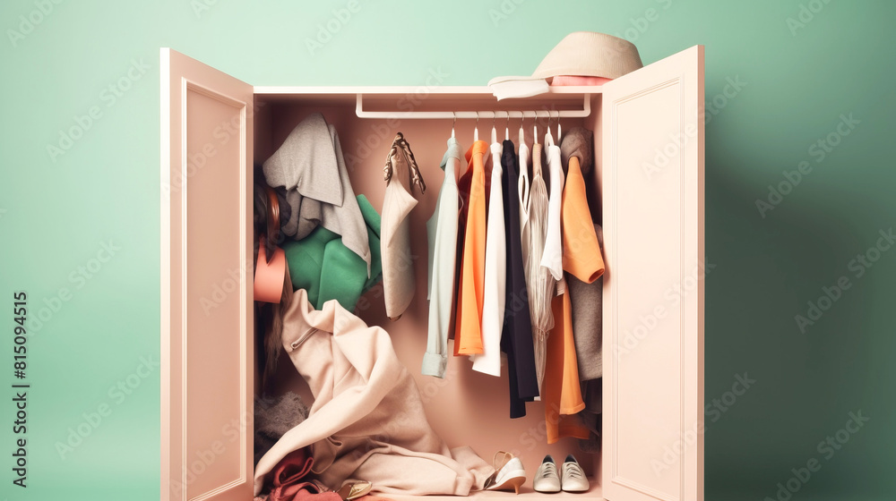 Open doors of large home closet with things on shelves. Green background. AI generated. Open doors of large home closet with things on shelves. Green background. AI generated.