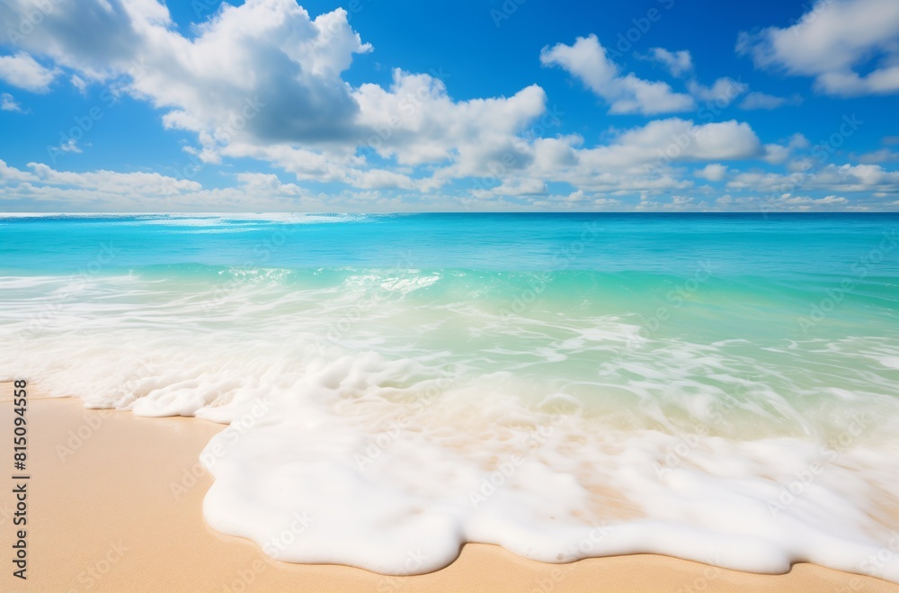 Panoramic view of a sandy beach with clear turquoise water and a blue sky with clouds. Summer vacation and travel concept. Design for poster, advertisement, banner with copy space.