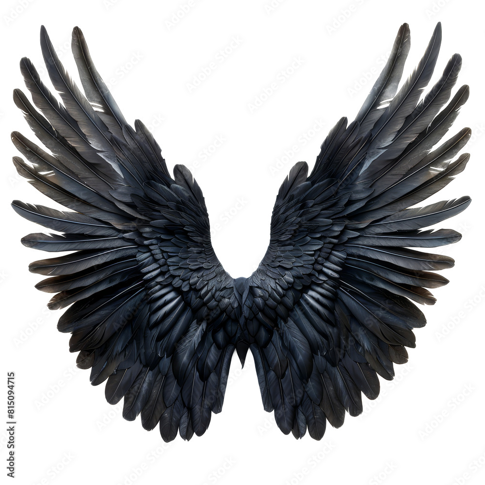 Obraz premium Black wings displayed against a stark white backdrop, a Black wings isolated on transparent background