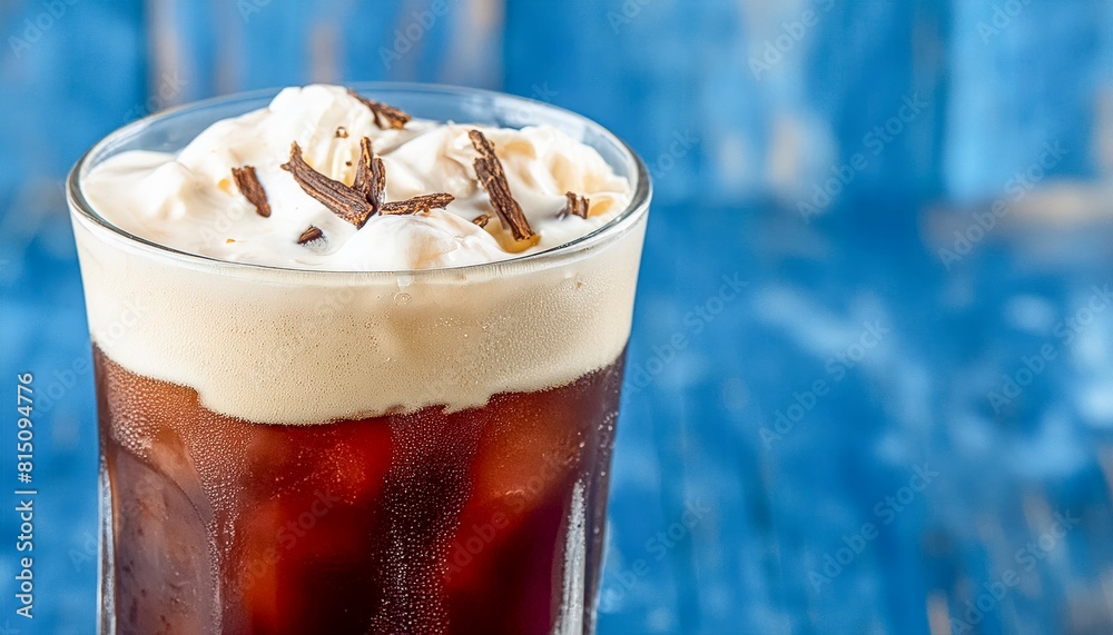 Iced Coffee Topped With Whipped Cream And Chocolate Shavings Against A Blue Striped Background. Iced Coffee Topped With Whipped Cream And Chocolate Shavings Against A Blue Striped Background.