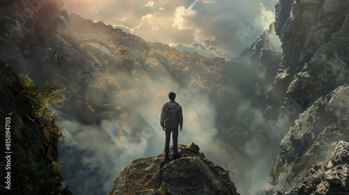 Man Standing on Top of a Mountain Looking at Clouds