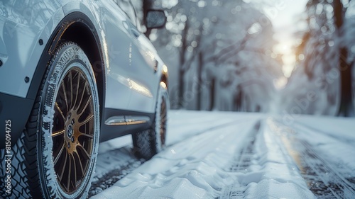 A close-up shot shows the front wheel of a car on a snow-covered road in a wooded area. Snow-white snow covers the surrounding area.