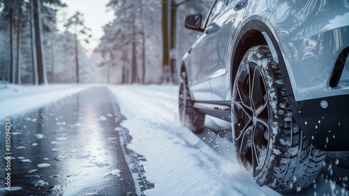 A close-up shot shows the front wheel of a car on a snow-covered road in a wooded area. Snow-white snow covers the surrounding area. © Igbal