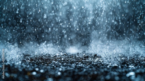 Falling raindrops on a dark background. The overlay effect adds depth and volume to the image. Abstract image of precipitation.