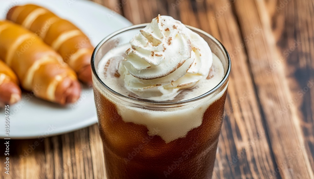 A glass of coffee with whipped cream on top sits on a wooden table A glass of coffee with whipped cream on top sits on a wooden table