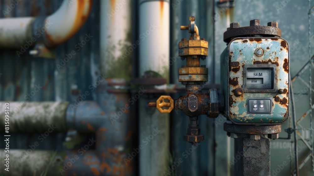 An old rusty meter on the side of a building. Suitable for industrial themes