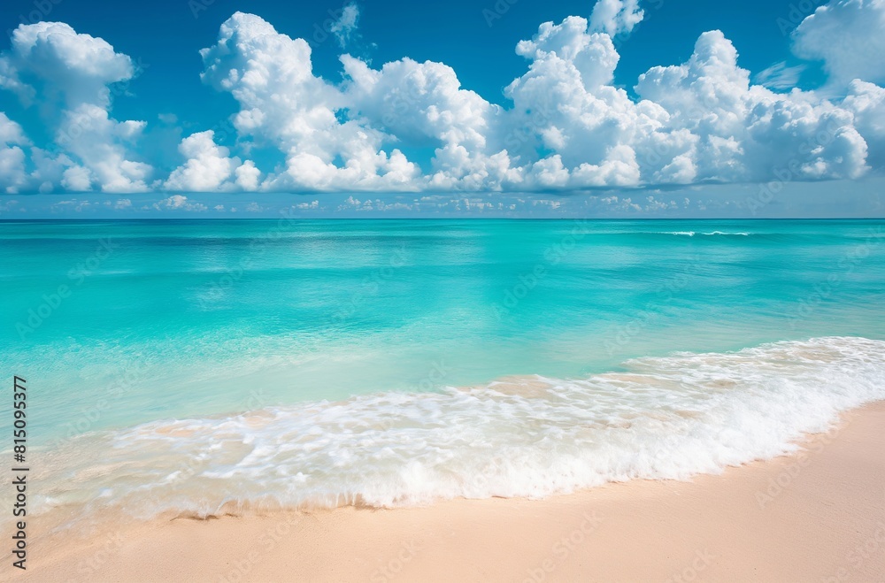 Panoramic view of a sandy beach with clear turquoise water and a blue sky with clouds. Summer vacation and travel concept. Design for poster, advertisement, banner with copy space.