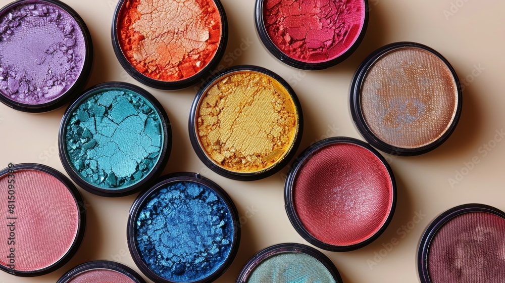 Colorful and weathered makeup palettes arranged on a neutral beige background Colorful and weathered makeup palettes arranged on a neutral beige background
