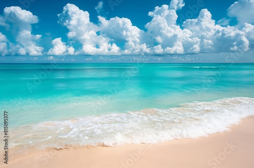 Panoramic view of a sandy beach with clear turquoise water and a blue sky with clouds. Summer vacation and travel concept. Design for poster, advertisement, banner with copy space. © NeuroCake