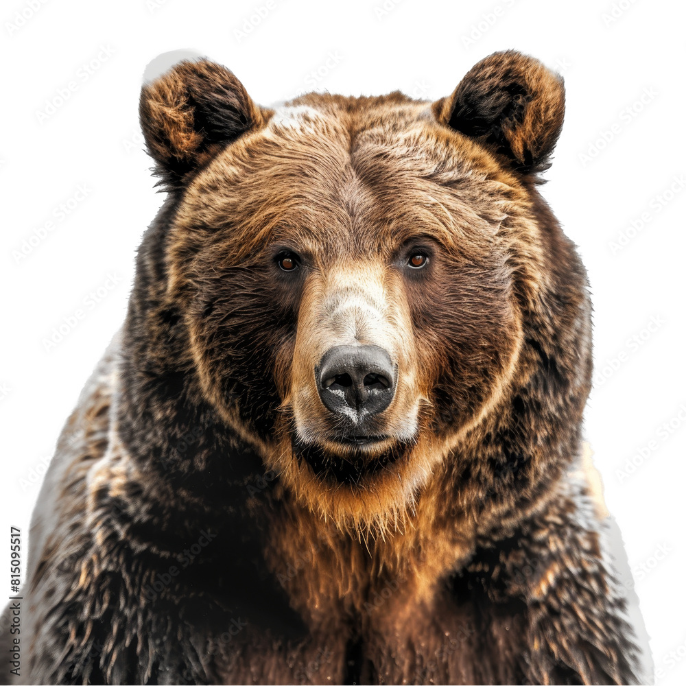 A grizzly bear stands in front of a white backdrop, a brown bear isolated on transparent background
