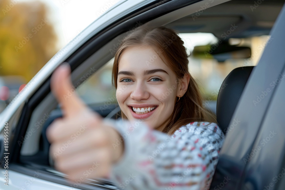 Young smiling Woman showing thumb up through window Sitting in the Driver's Seat in a Car Having Just Obtained a Driver's License Young smiling Woman showing thumb up through window Sitting in the Driver's Seat in a Car Having Just Obtained a Driver's License