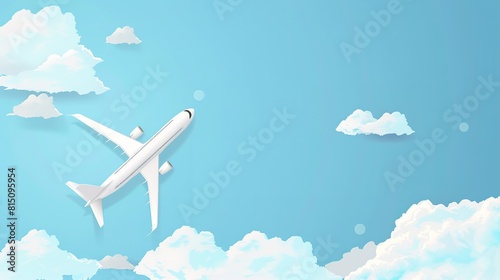 airplane rises into a bright blue sky surrounded by fluffy white clouds
