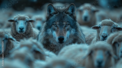 A wolf hid among a flock of sheep. In the picture there are sheep and one wolf, all monochromatic, there are shades of blue. The concept of danger, anxiety, deception, cunning and pretense.