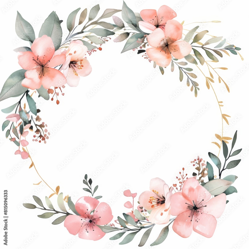 Naklejka premium Watercolor pink floral and gold geometric frame 