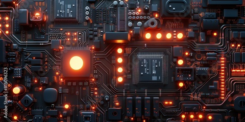 Circuit board with red glowing lights
