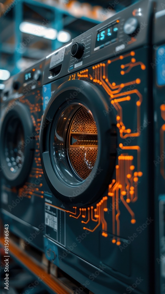Fototapeta premium Futuristic washing machines with glowing orange details in a row