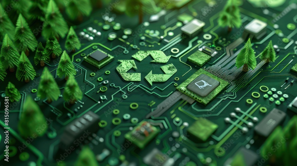 Green circuit board with recycle symbol made of pine trees. Concept of sustainable technology, ecology, and environmental protection. Green circuit board with recycle symbol made of pine trees. Concept of sustainable technology, ecology, and environmental protection.